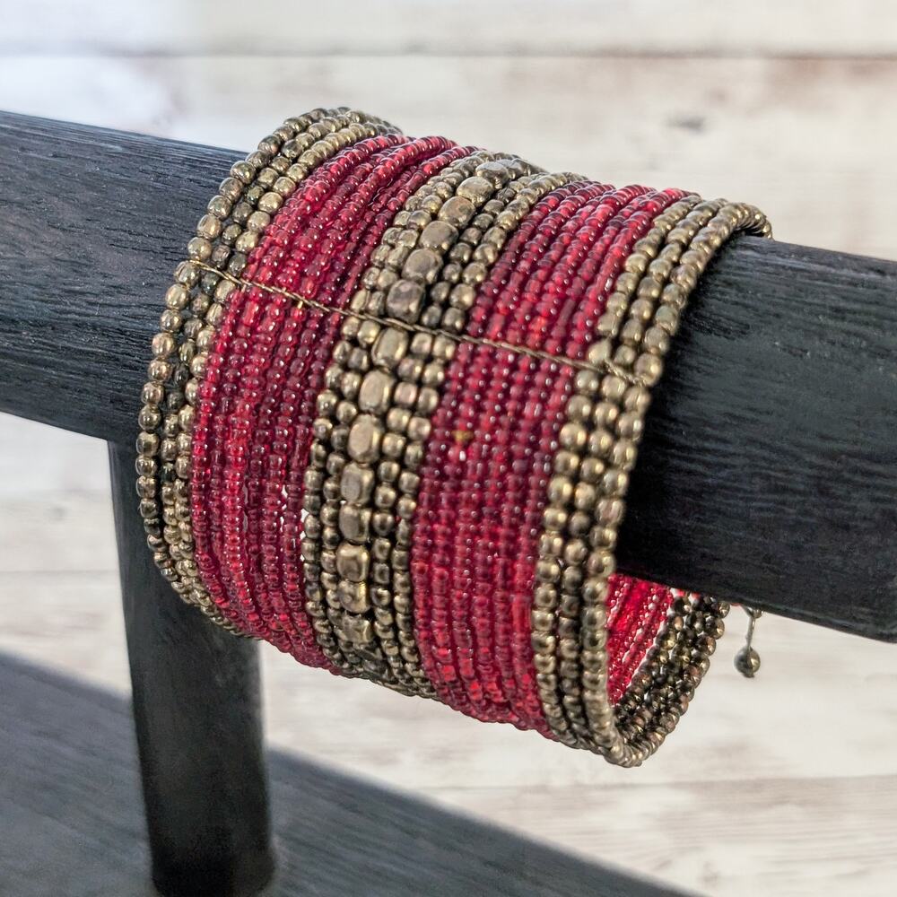 Vintage Wrap Bracelet Statement Brass Tone & Red Beads